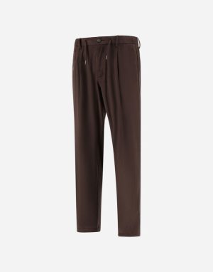 Brown trousers with a drawstring waist and belt loops, front view, straight leg fit.