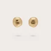 Pair of gold round stud earrings with a small horizontal bar detail, shown on a light background (front view).