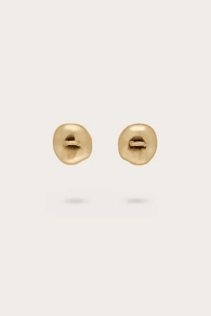 Pair of gold round stud earrings with a small horizontal bar detail, shown on a light background (front view).