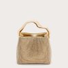 IMG_2602 - New Trend Gold beaded handbag with a sculpted wavy gold handle set against a pale background, centered in the frame (evening bag).