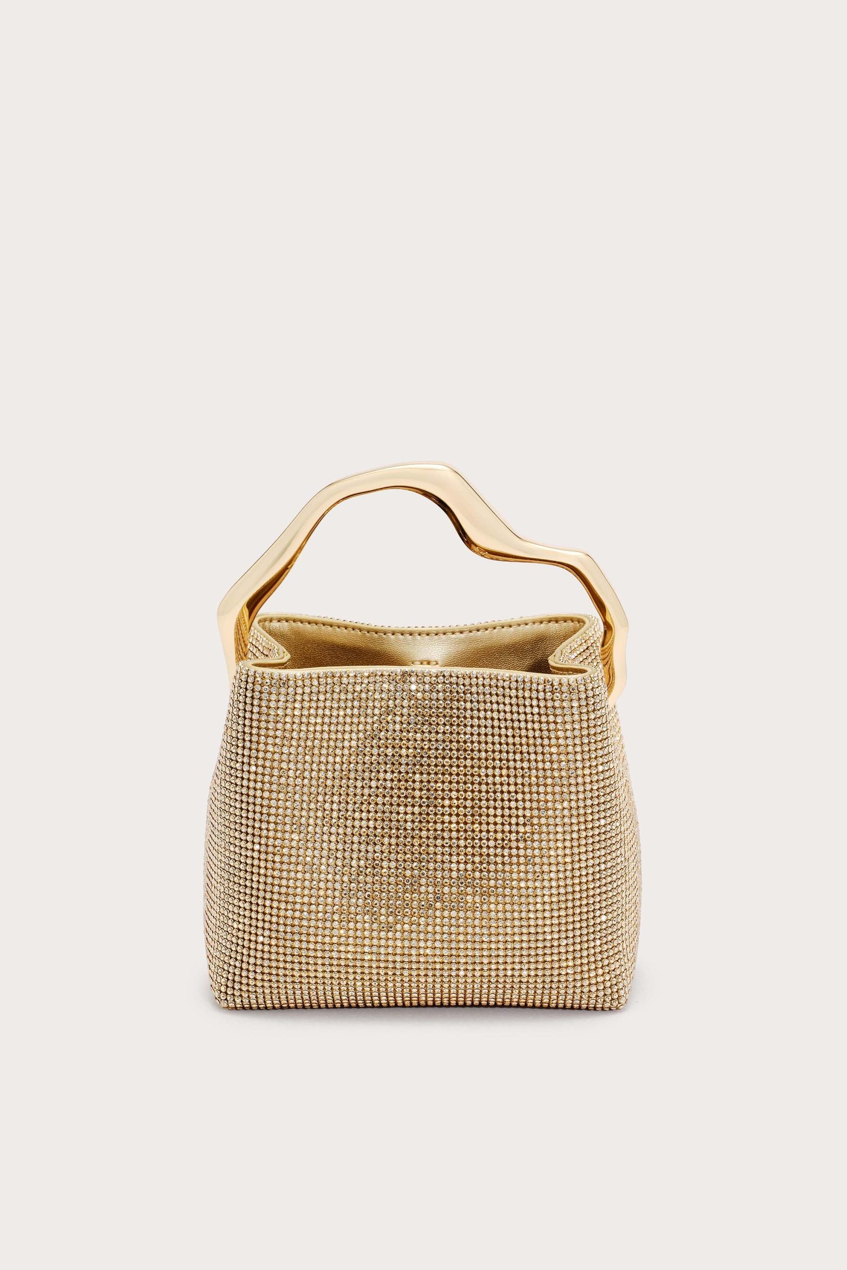 IMG_2602 - New Trend Gold beaded handbag with a sculpted wavy gold handle set against a pale background, centered in the frame (evening bag).