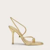 IMG_2610 - New Trend Gold metallic strappy high-heeled sandal, side view, with slender stiletto heel and minimalist straps