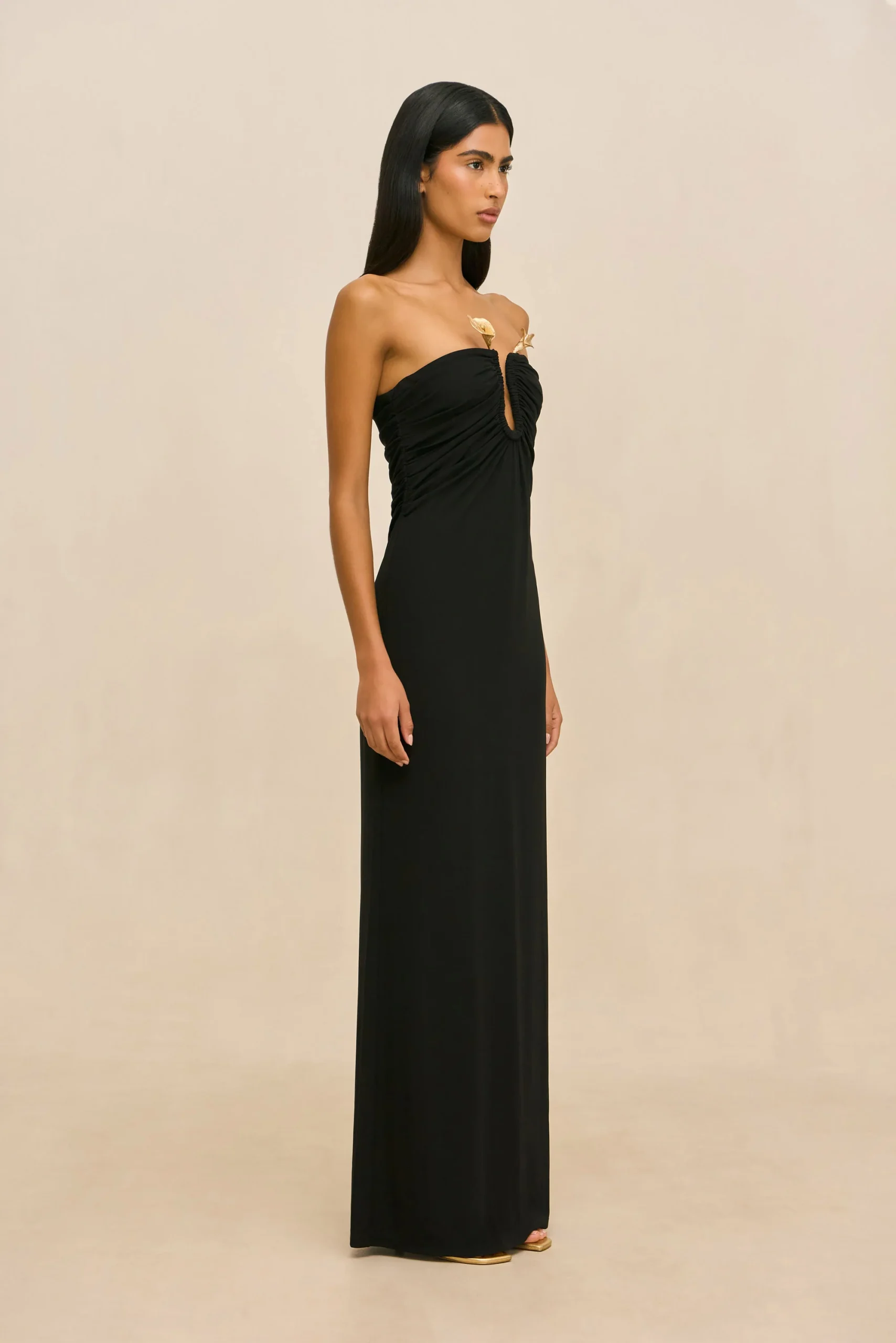 IMG_2623 - New Trend Woman in a black strapless evening gown, standing in profile against a beige backdrop with gold leaf brooches at the chest.