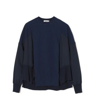 Navy crewneck sweatshirt with oversized fit and layered panel detailing on the sleeves.
