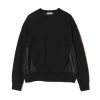 Black crewneck sweatshirt with ribbed cuffs and glossy side panels along the sleeves, small white UNDERCOVER label at the neck.