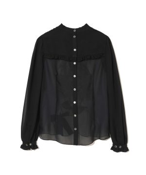 Black sheer button-down blouse with a ruffled yoke and long puff sleeves with cuffs.
