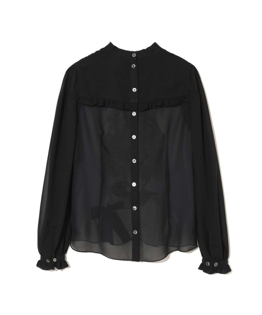 Black sheer button-down blouse with a ruffled yoke and long puff sleeves with cuffs.
