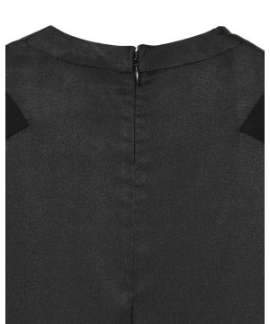 Close-up of black fabric showing a centered back zipper at the neckline of a garment.