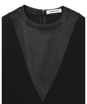 Close-up of a black dress neckline with a back invisible zipper and a white UNDERCOVER label at the neck.