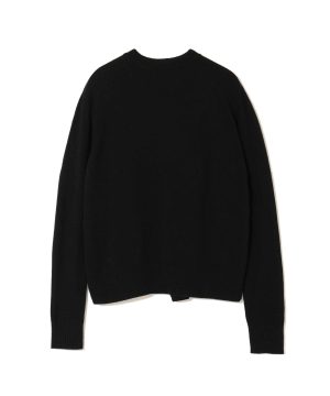 Black knit crewneck sweater with ribbed cuffs and hem on a white background.