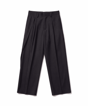 Front view of black wide-leg tailored trousers with belt loops and front pleats photographed against a white background.