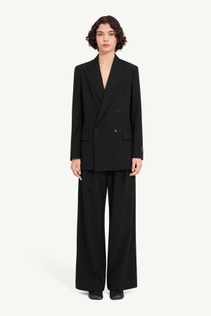 Full-length image of a person in a black oversized double-breasted blazer with wide-leg trousers against a light background.
