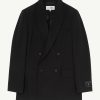 Black double-breasted blazer with peaked lapels, shown from the front against a light background.