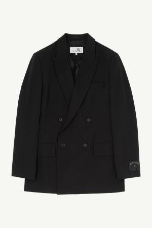 Black double-breasted blazer with peaked lapels, shown from the front against a light background.