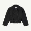 Black trench coat with wide lapels and belted waist, cropped at the chest area to showcase the top half of the garment.