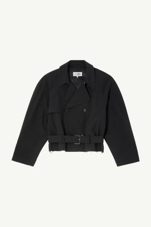 Black trench coat with wide lapels and belted waist, cropped at the chest area to showcase the top half of the garment.