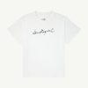 White t-shirt with a black handwritten signature-style print across the chest.