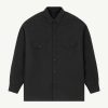 Dark charcoal button-down shirt with a fold-over collar and two front pockets on the chest, viewed from the torso up.