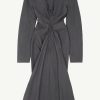 Dark gray midi dress with a front twist and V-neck, long sleeves, and a draped center seam.