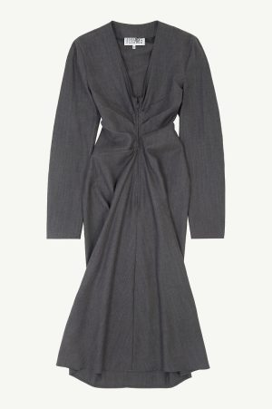 Dark gray midi dress with a front twist and V-neck, long sleeves, and a draped center seam.