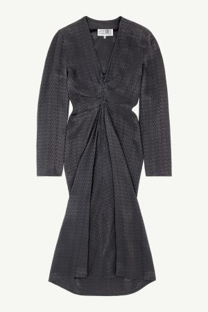 Dark gray dress with twisted knot detail at waist and long sleeves, patterned with small repeating text motif