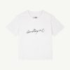 White T-shirt with a black handwritten signature logo across the chest.