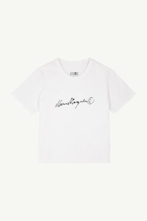 White T-shirt with a black handwritten signature logo across the chest.
