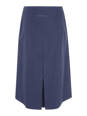 Navy blue midi skirt with a subtle center-front slit and visible topstitching details at the waist.