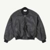 Black leather bomber jacket with ribbed collar and cuffs, front zipper visible on a light background