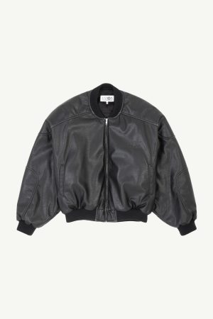 Black leather bomber jacket with ribbed collar and cuffs, front zipper visible on a light background