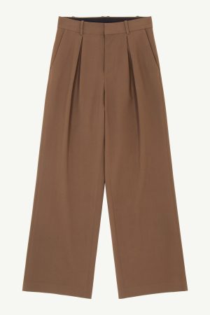 Brown high-waisted wide-leg trousers with front pleats and belt loops, photographed against a light background.