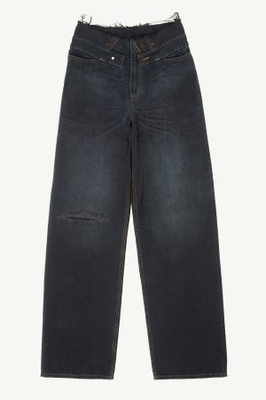 Pair of dark denim jeans with a ripped knee on the left leg, showing orange stitching and frayed hem on top edge.