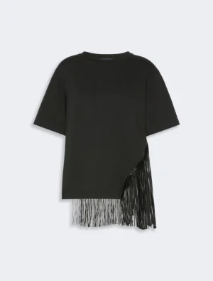 Black oversized T-shirt with long fringe tassels on the side, mid-length sleeves, casual streetwear style