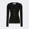 Black ribbed cardigan with V-neck and four gold buttons, long sleeves.