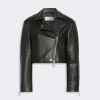 Black cropped leather biker jacket with an asymmetric diagonal zipper and silver hardware.