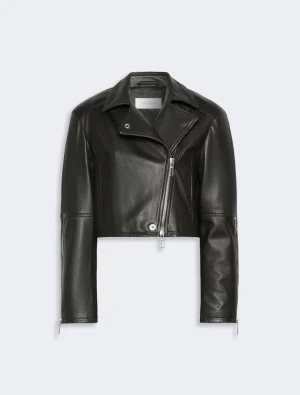 Black cropped leather biker jacket with an asymmetric diagonal zipper and silver hardware.