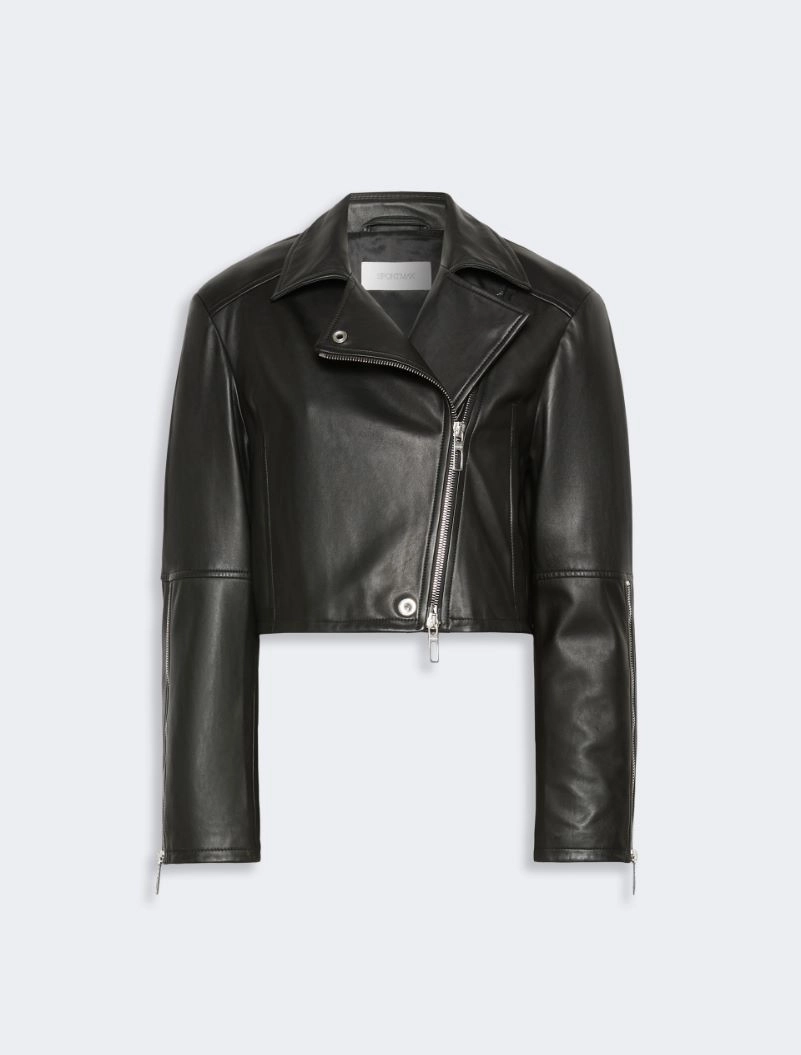 IMG_3052 - New Trend Black cropped leather biker jacket with an asymmetric diagonal zipper and silver hardware.