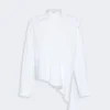 IMG_3058 - New Trend White button-down shirt with an asymmetric, draped hem and long sleeves, standalone on a light gray background