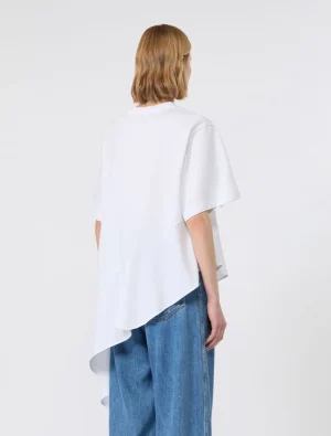 Person seen from behind wearing an oversized white top with a high-low hem, paired with blue wide-leg jeans.