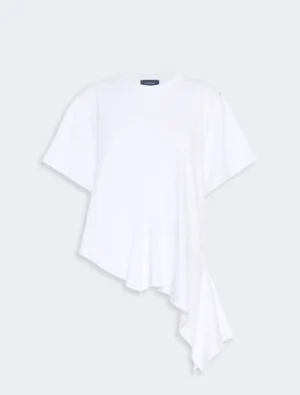 White oversized short-sleeve T-shirt with an asymmetric draped hem and ruffled lower edge on one side.