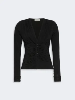 Black V-neck, long-sleeve ruched blouse with gathered center front and fitted silhouette.