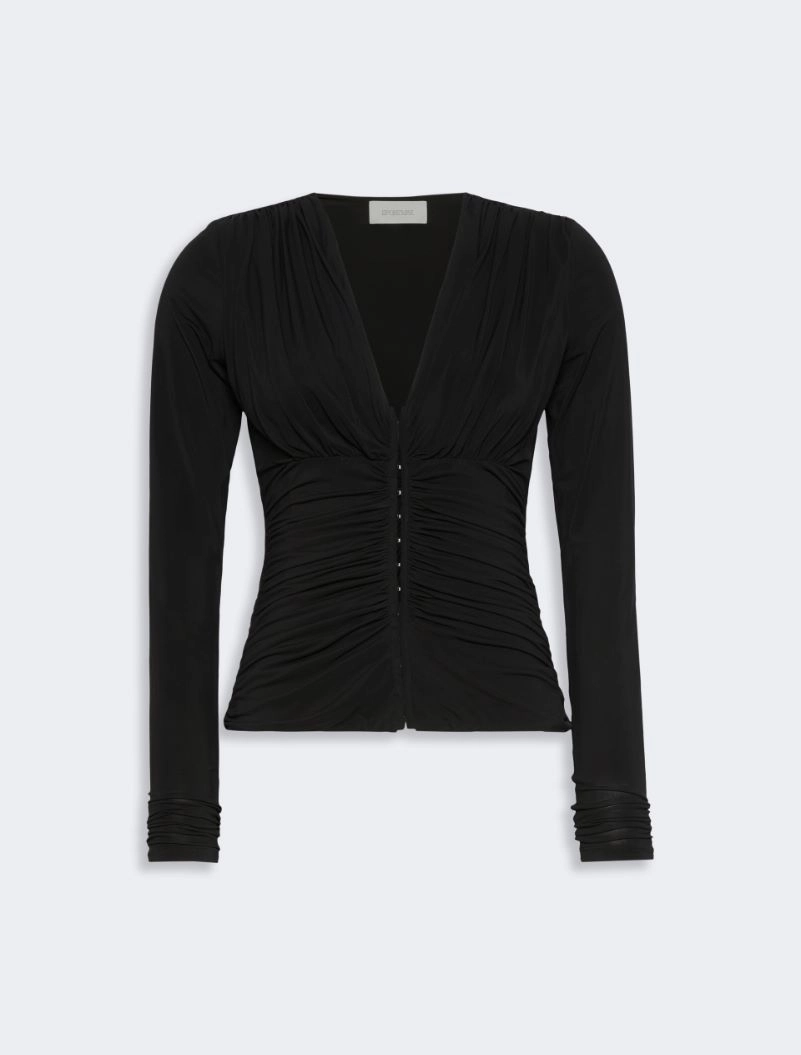 IMG_3076 - New Trend Black V-neck, long-sleeve ruched blouse with gathered center front and fitted silhouette.