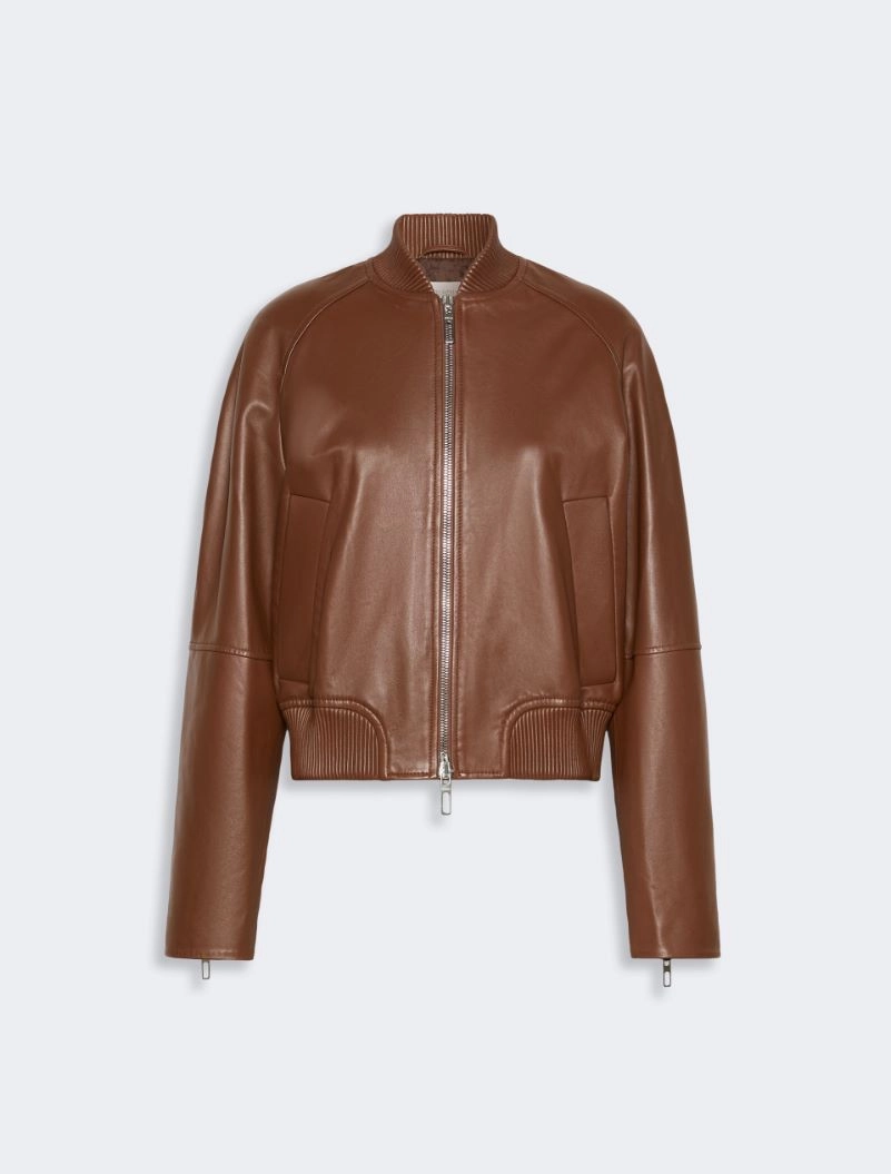 IMG_3082 - New Trend Brown leather bomber jacket with front zipper and ribbed cuffs on a light gray background.