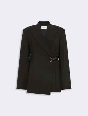 Black tailored blazer with a small belt and gold buckle detail at the waist