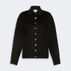 Black button-front jacket with a collar, silver buttons, and two chest pockets.