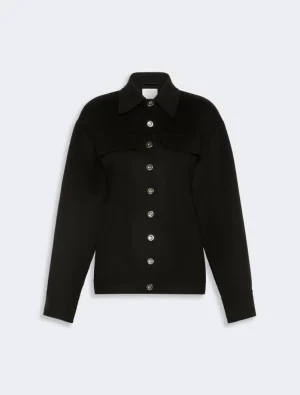 Black button-front jacket with a collar, silver buttons, and two chest pockets.