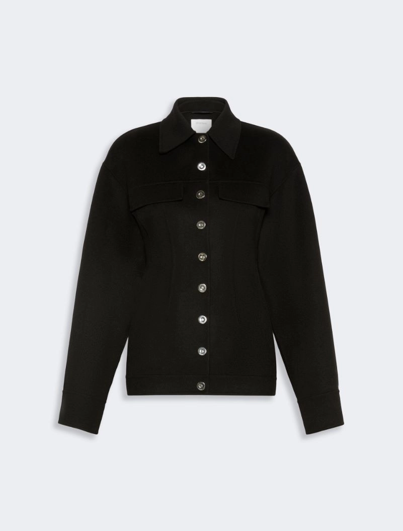 IMG_3100 - New Trend Black button-front jacket with a collar, silver buttons, and two chest pockets.