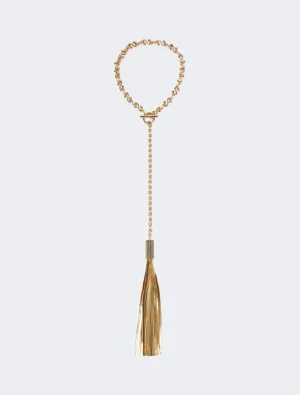 Gold-toned circular chain choker with a long gold tassel pendant