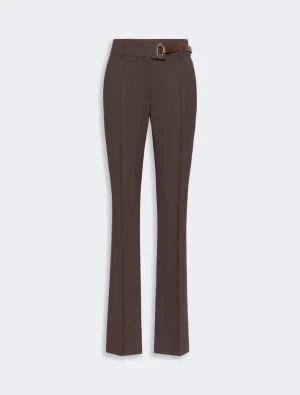 Brown tailored dress pants with a matching belt and gold buckle; straight-leg with a front crease offering a polished look
