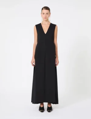 Black sleeveless V-neck maxi dress with wide-leg silhouette on a model.
